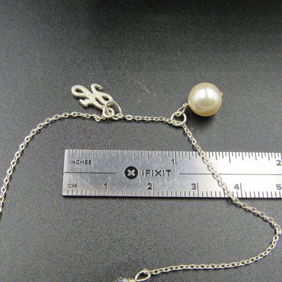 7" Sterling Silver Faux Single Pearl & Charm Bracelet Vintage - Picture 5 of 6